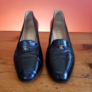 Vintage GUCCI Italy GG Logo Black Slip On Heel Shoes 36 1/2B US 6 Almond Toe
